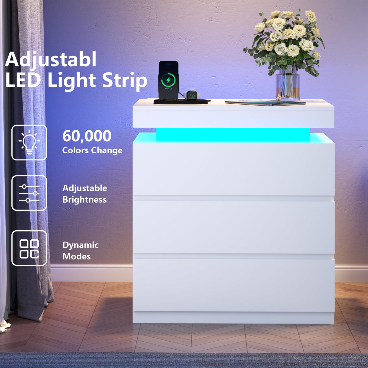 White Nightstand with Charging Station and LED Lights E241