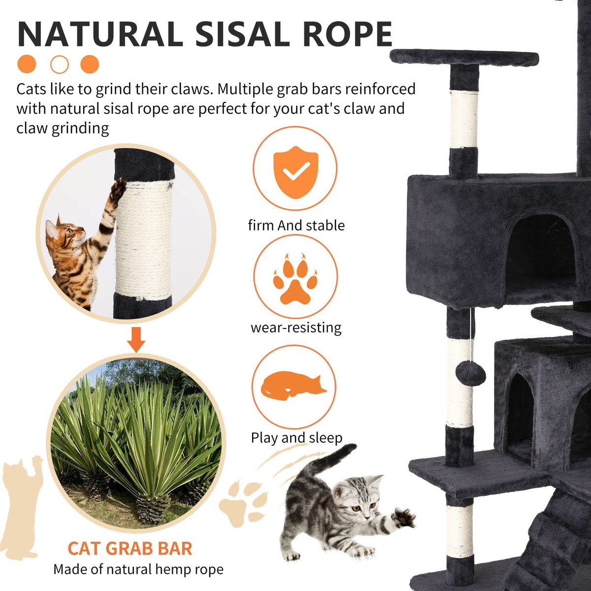 70 Inch Multi-Level Cat Tree with Scratching Post, Condo, Plush Perch B108