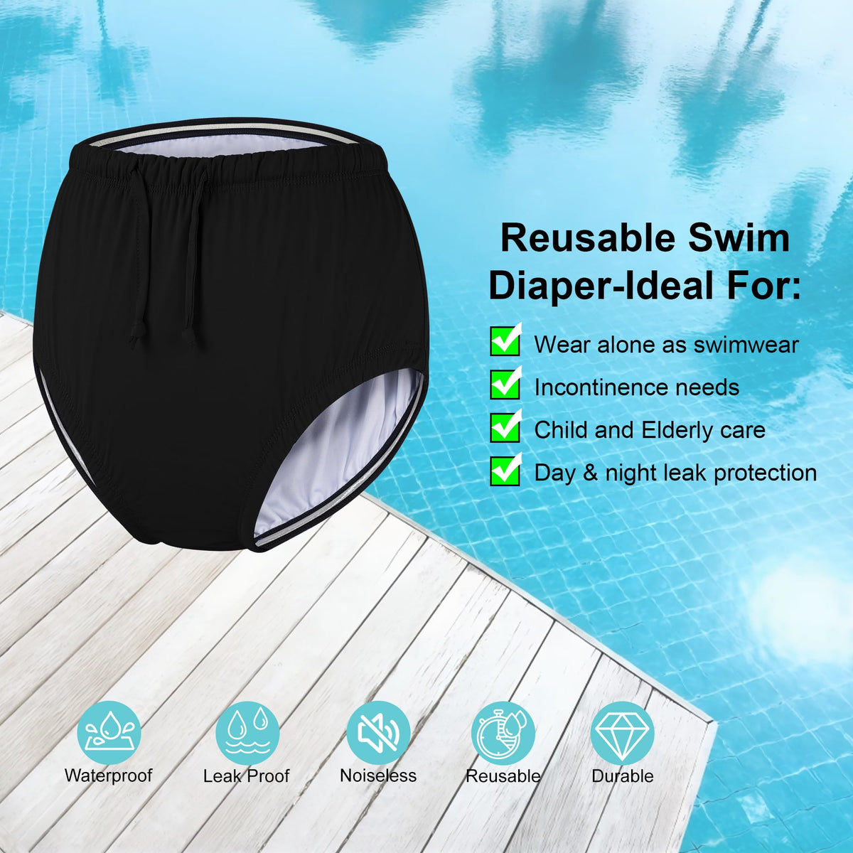 Reusable Waterproof Leakproof Swim Diaper Black 10-12Years K34262