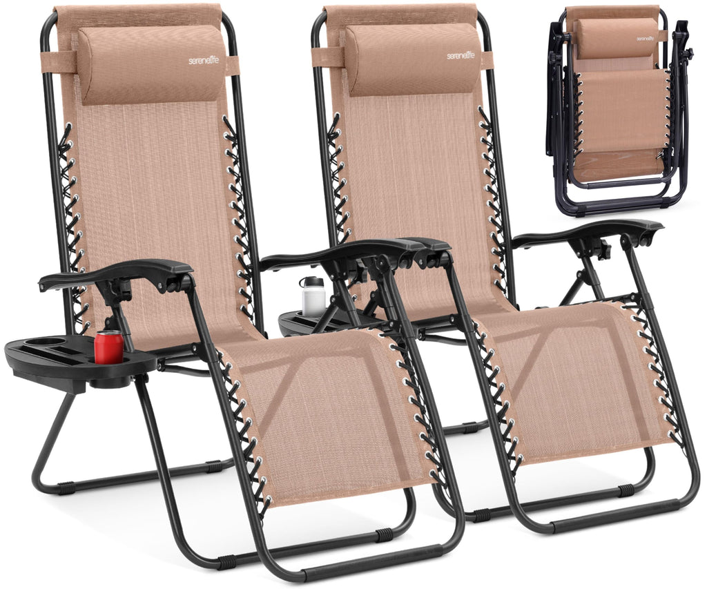 Adjustable Steel Mesh Zero Gravity Chairs Set of 2 with Cup Holder Tray J499