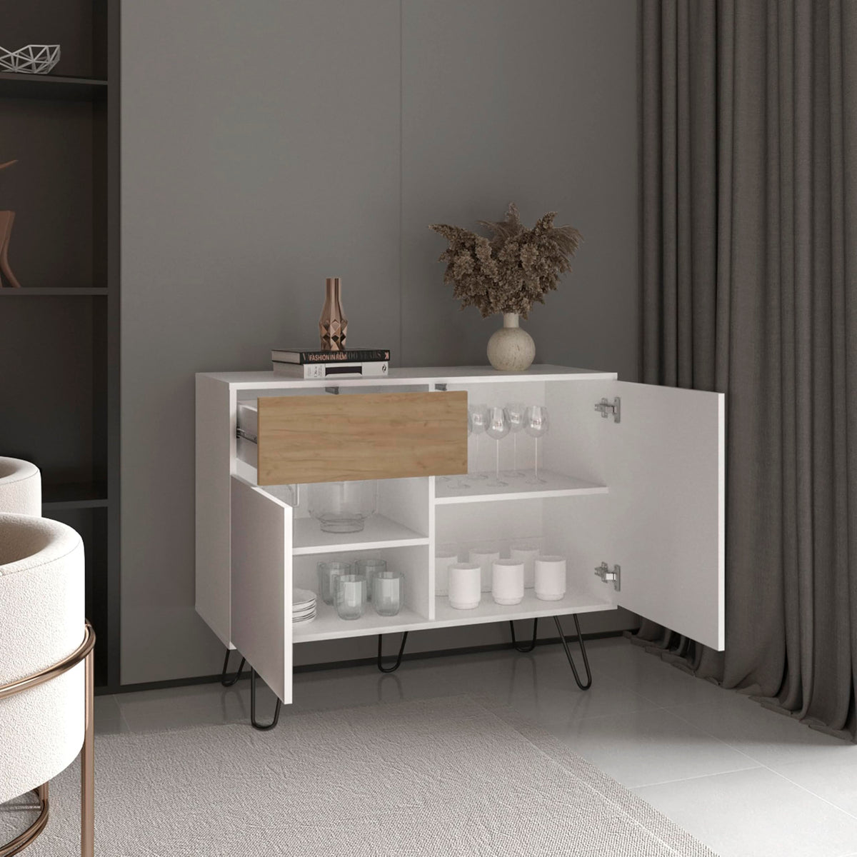 39" White Natural Oak Console Table with Storage T727