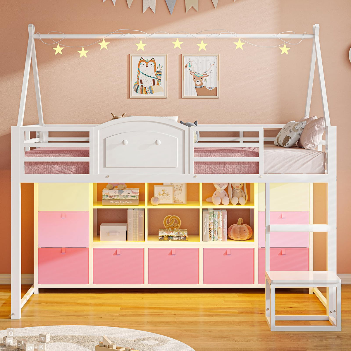 Twin Size Low Loft Bed with 9 Storage Drawers and Guardrail V54234