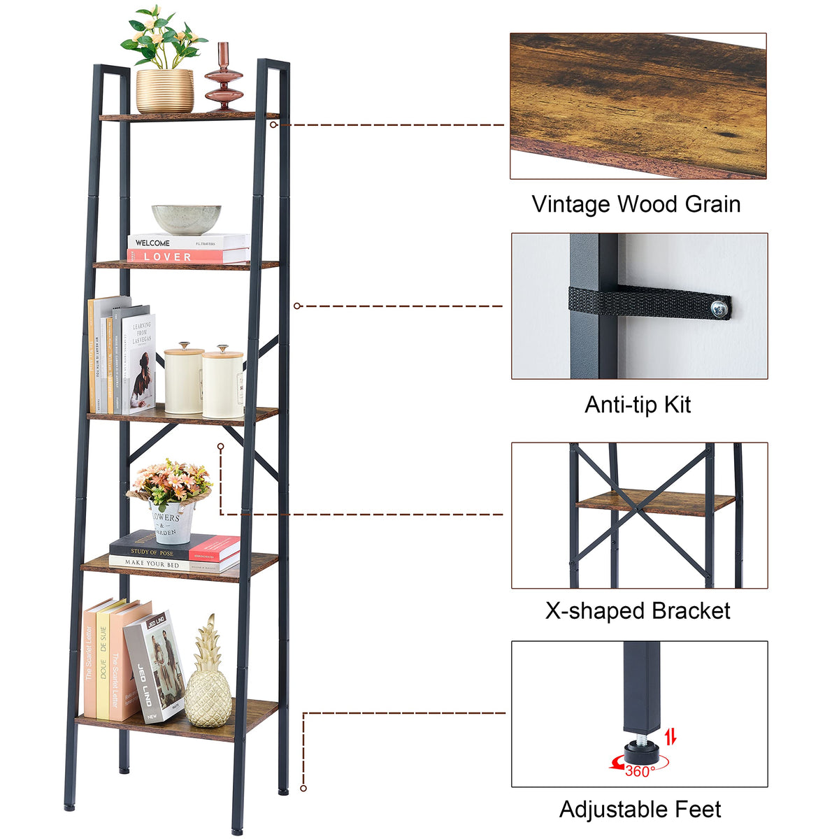 5-Tier Rustic Brown Metal Ladder Bookshelf O961