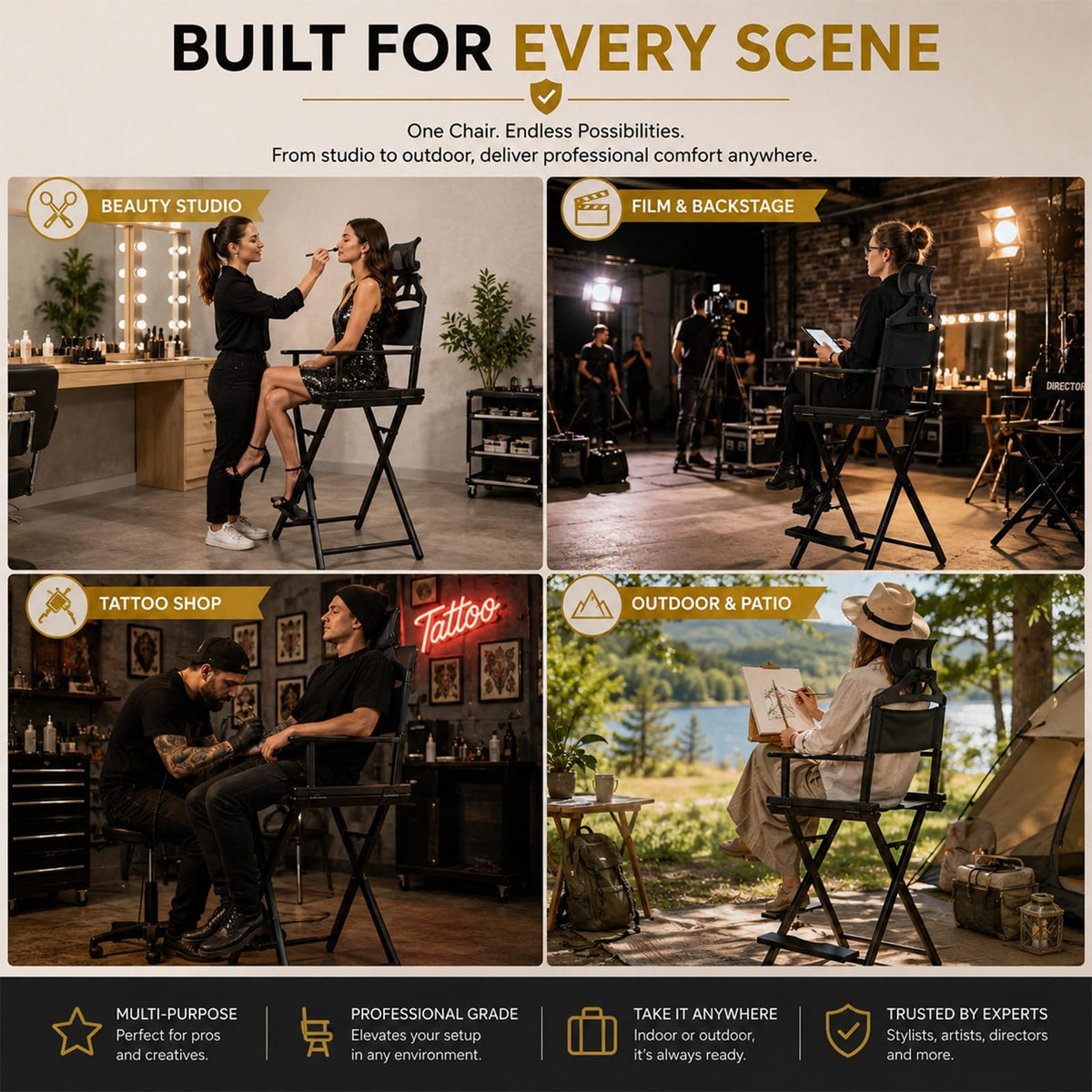 Gold Portable Collapsible Tall Makeup Artist Chair with Head Rest G2897