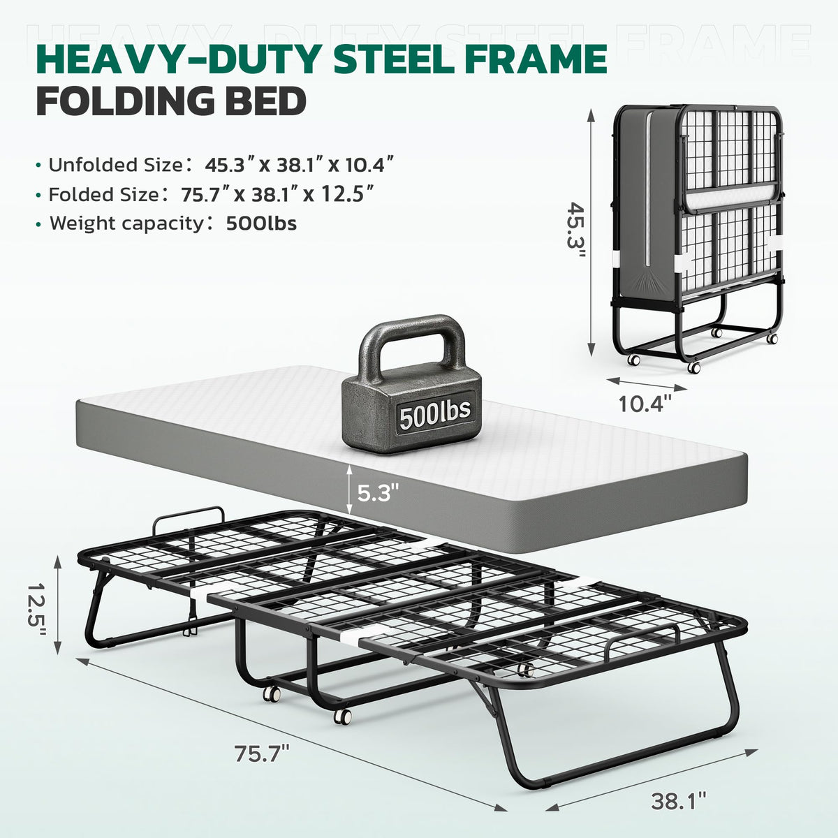 Folding Bed with 5 Inch Mattress, Twin Size S375