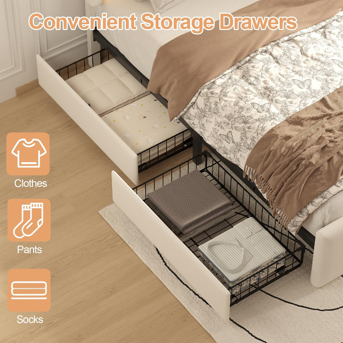 White Full Bed Frame with 4 Storage Drawers L135