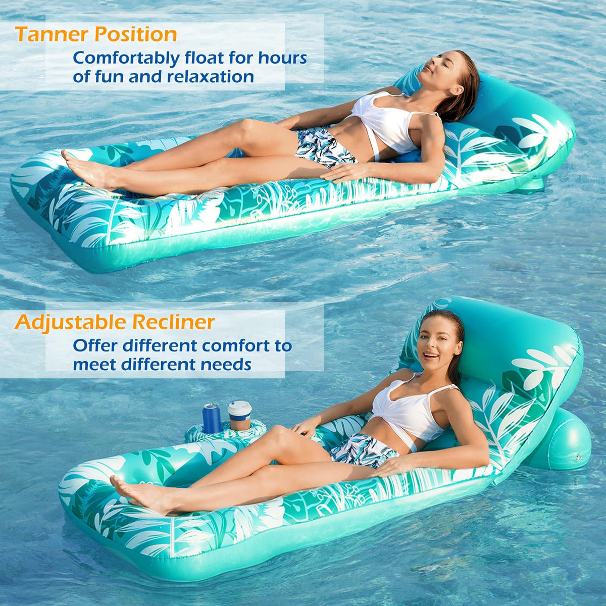 Inflatable Pool Float Lounger with Adjustable Backrest Cup Holders A89698