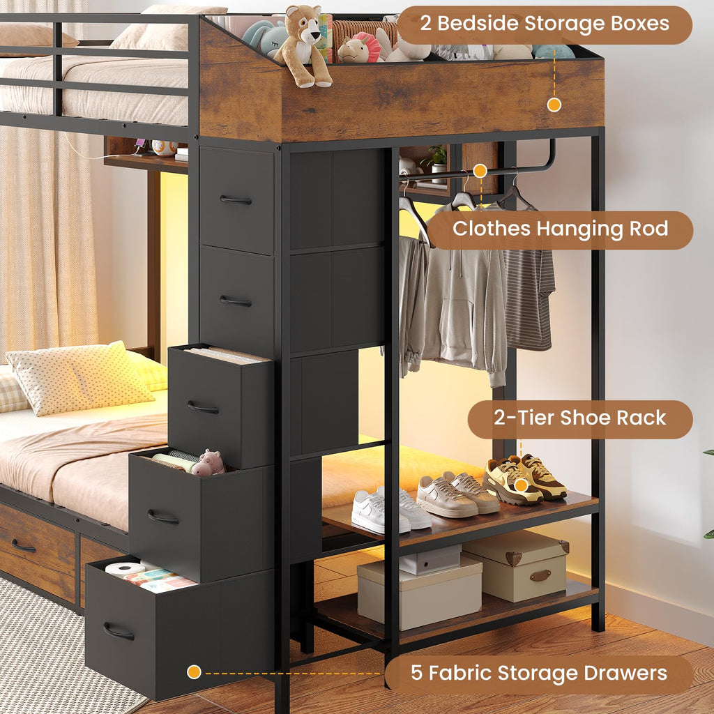 Twin Over Twin Bunk Bed with 8 Storage Drawers and Power Outlets, LED Metal Bunk Bed with Ladder, Black D68473
