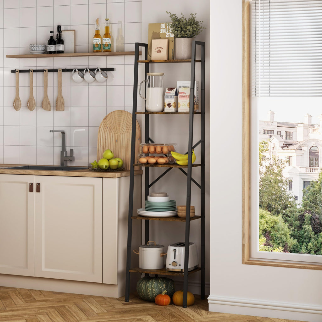 5-Tier Rustic Brown Metal Ladder Bookshelf O961