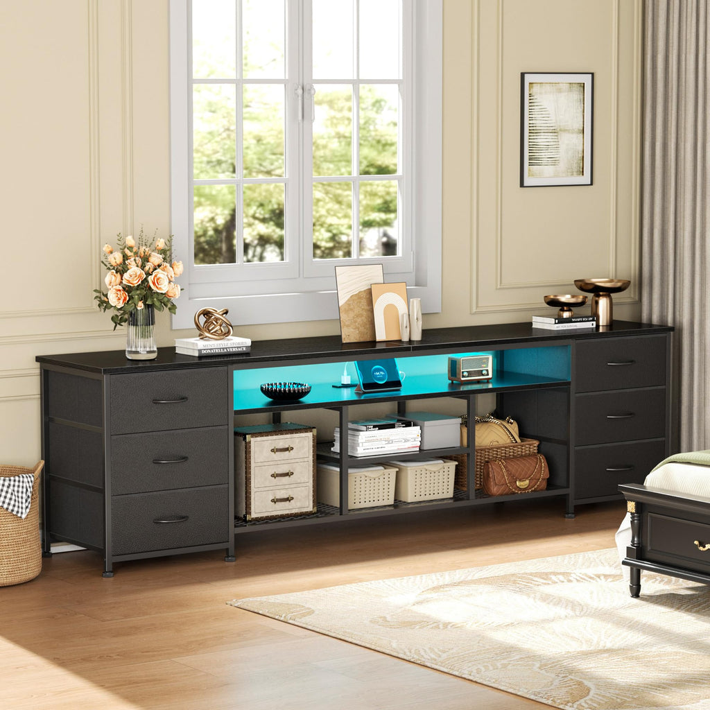Black Dresser TV Stand with LED Lights & Charging Station X3828
