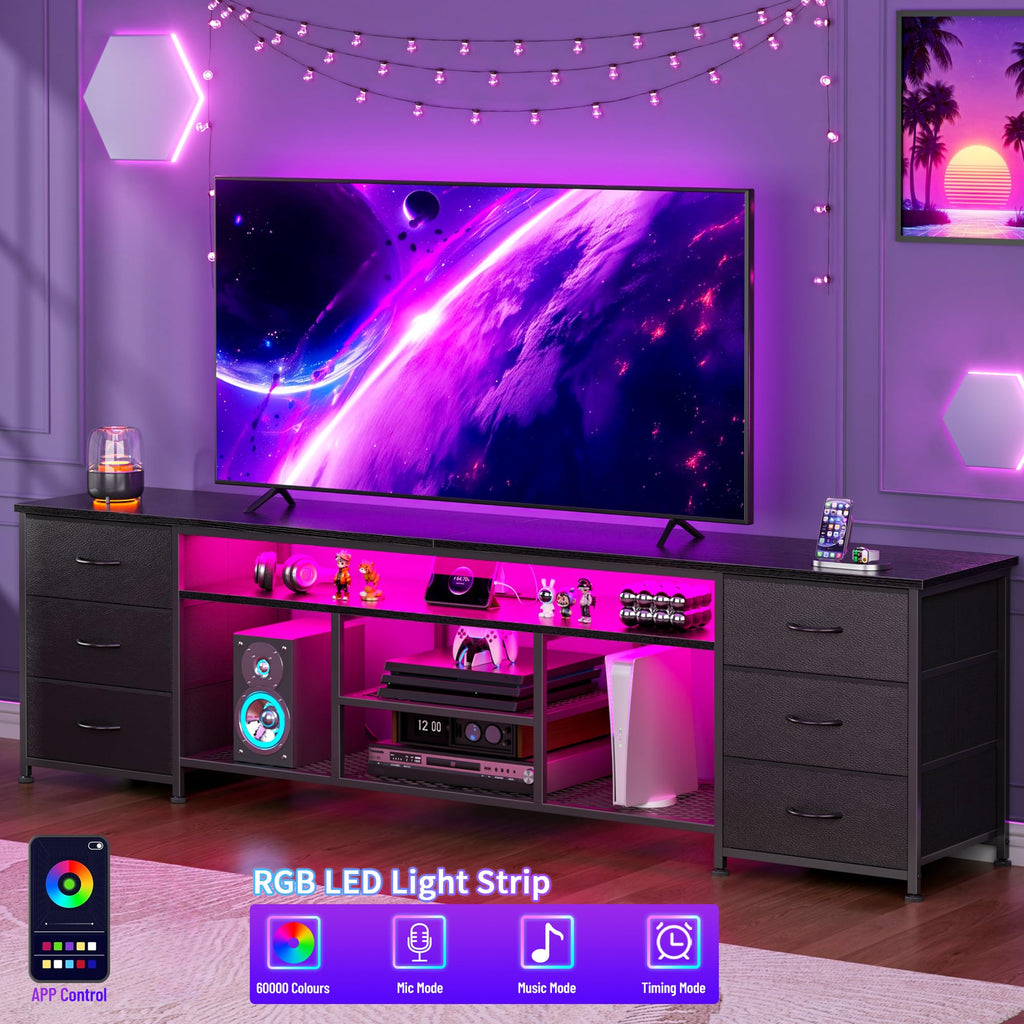 Black Dresser TV Stand with LED Lights & Charging Station X3828
