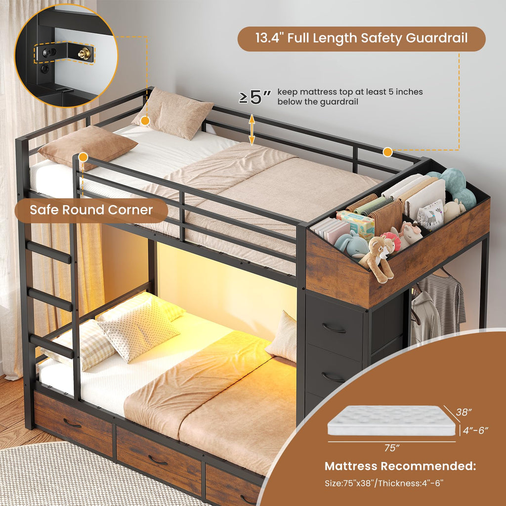 Twin Over Twin Bunk Bed with 8 Storage Drawers and Power Outlets, LED Metal Bunk Bed with Ladder, Black D68473