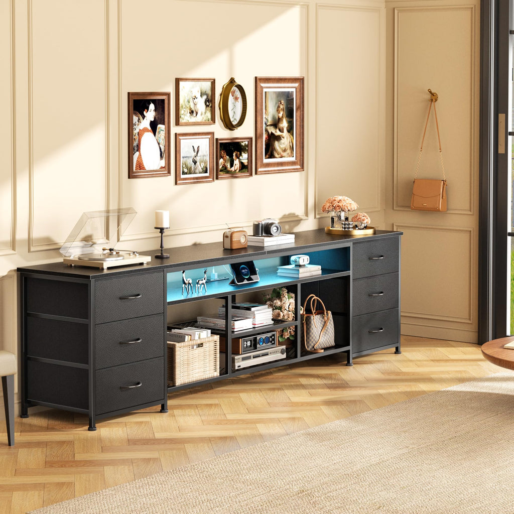 Black Dresser TV Stand with LED Lights & Charging Station X3828