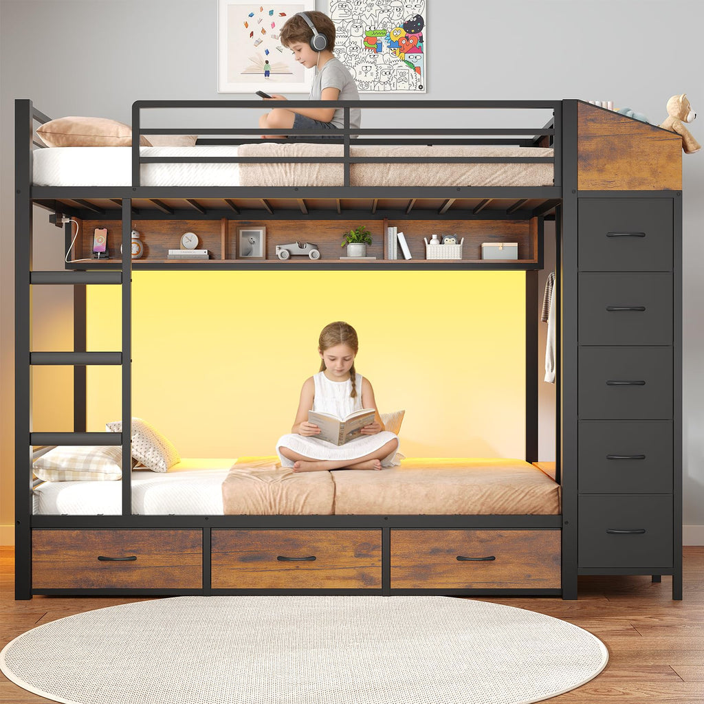 Twin Over Twin Bunk Bed with 8 Storage Drawers and Power Outlets, LED Metal Bunk Bed with Ladder, Black D68473