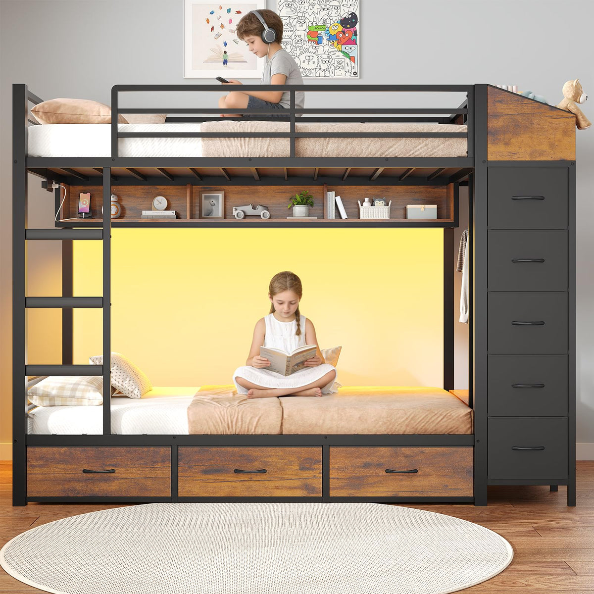 Twin Over Twin Bunk Bed with 8 Storage Drawers and Power Outlets, LED Metal Bunk Bed with Ladder, Black D68473