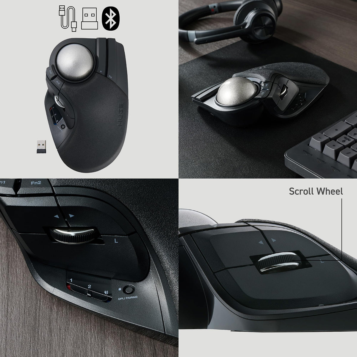 Wireless Trackball Mouse, Ergonomic 52mm Large Ball, Multi-Connection Bluetooth, 2.4GHz Wireless, Wired, 10 Programmable Buttons, Rechargeable, Silent Clicks I6993