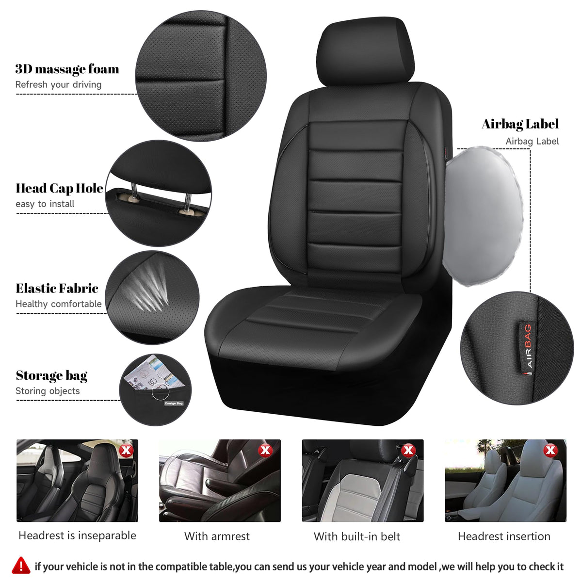 Leather Seat Covers Full Set Water Resistant 3D Foam Back Support 5 Seat Covers U6078