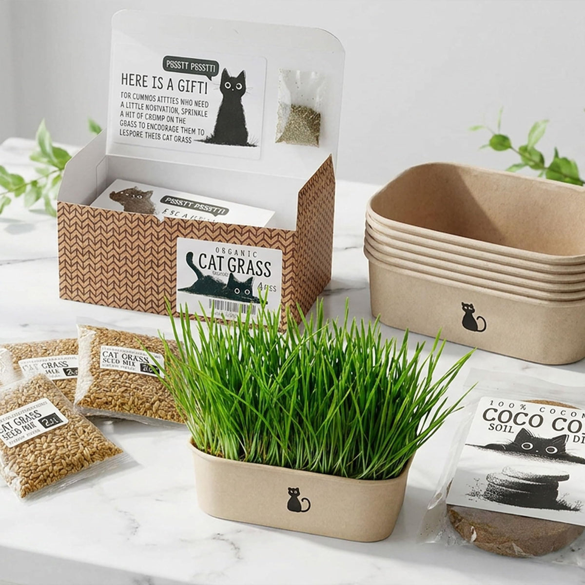 4-Batch Indoor Cat Grass Grow Kit with Containers, Soil Disks & Seeds G390