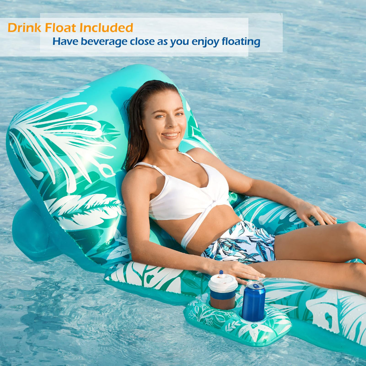 Inflatable Pool Float Lounger with Adjustable Backrest Cup Holders A89698