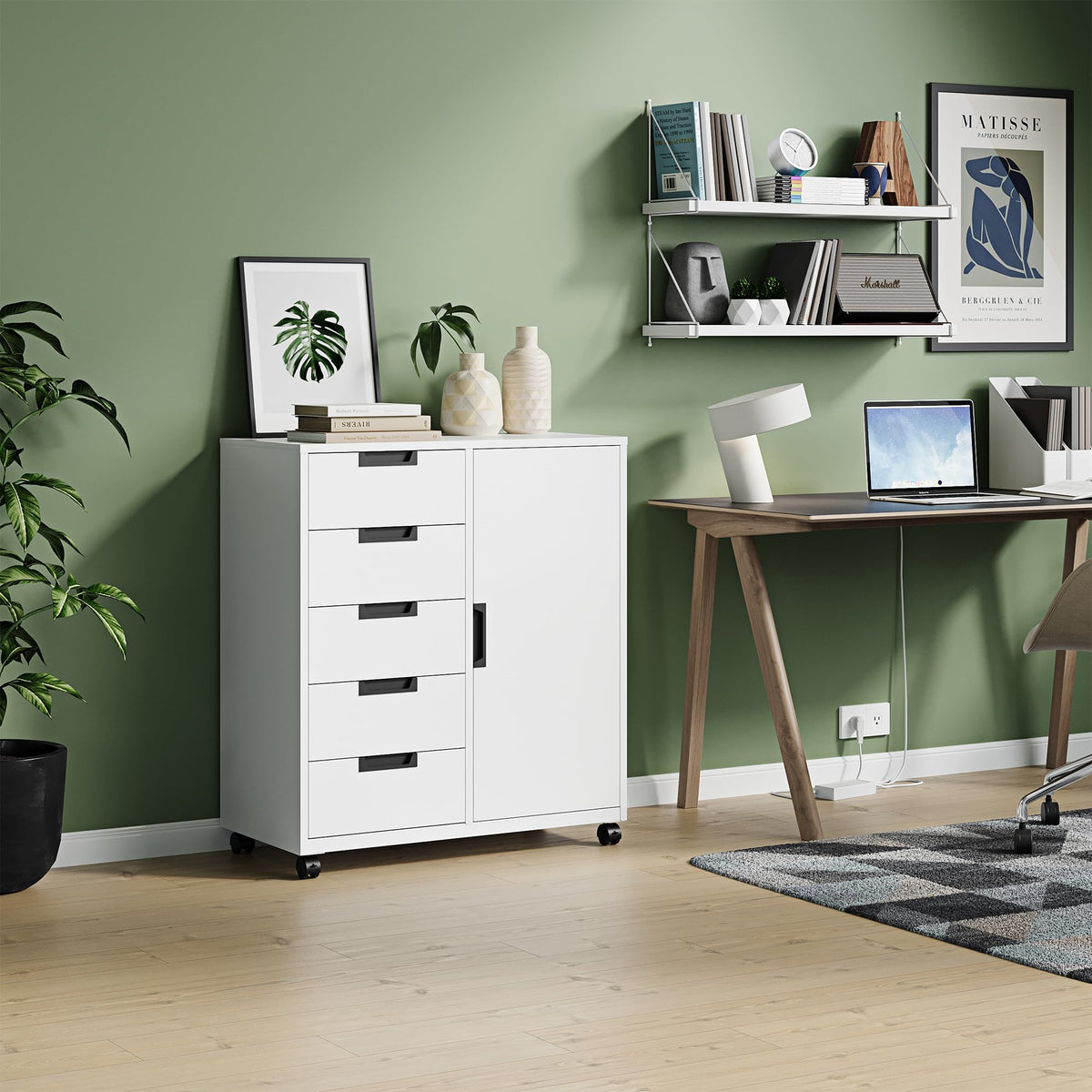 White 5 Drawer Storage Cabinet with Shelves and Door A5859