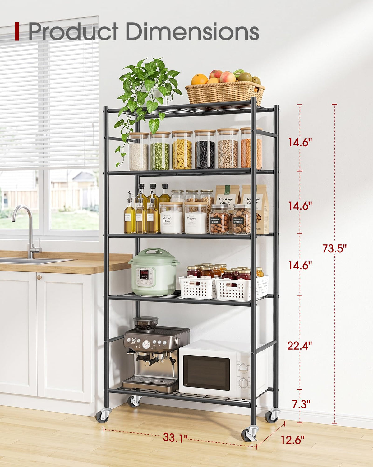 5-Tier Storage Shelves Black with Wheels K31955