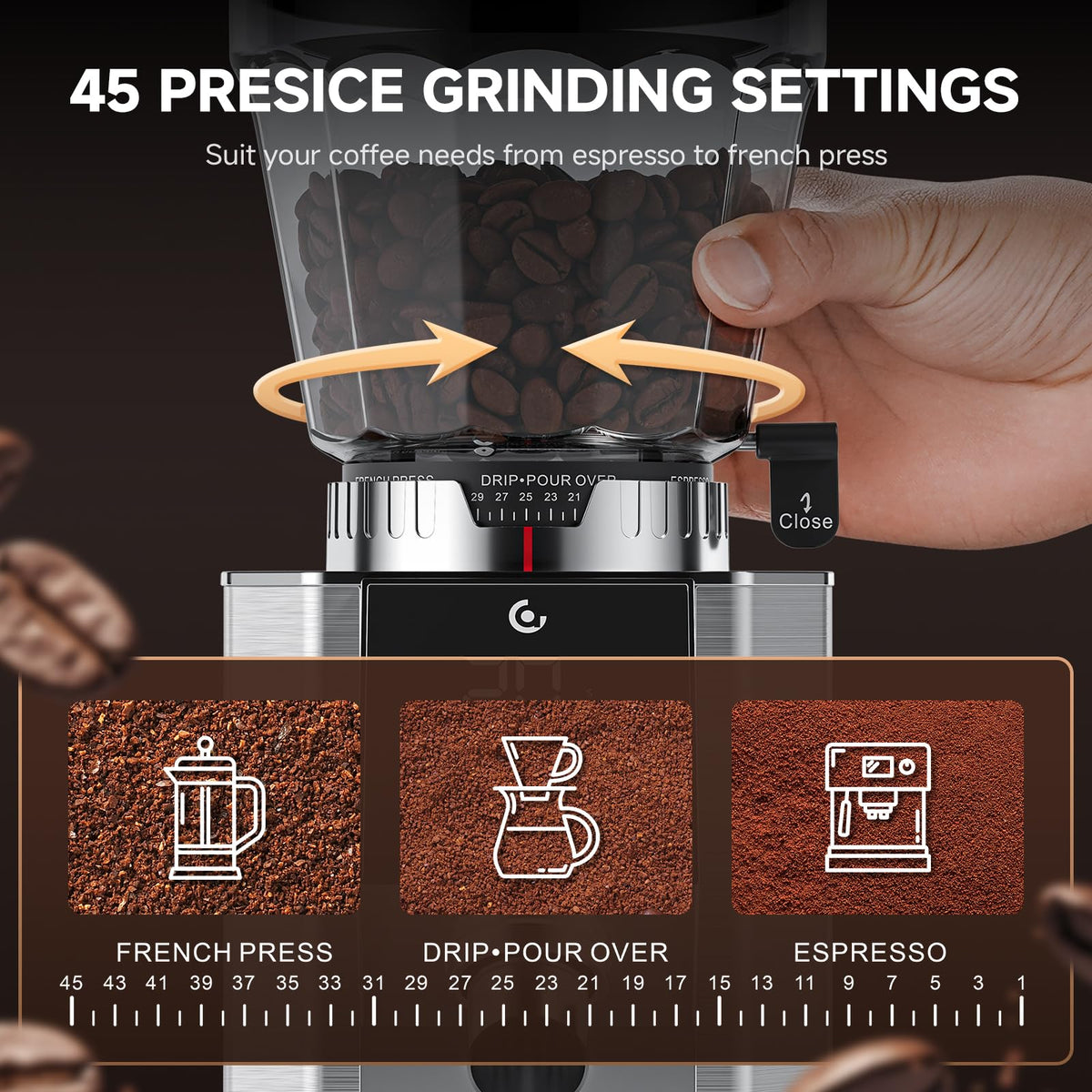 Conical Burr Coffee Grinder with 45 Grind Settings W419