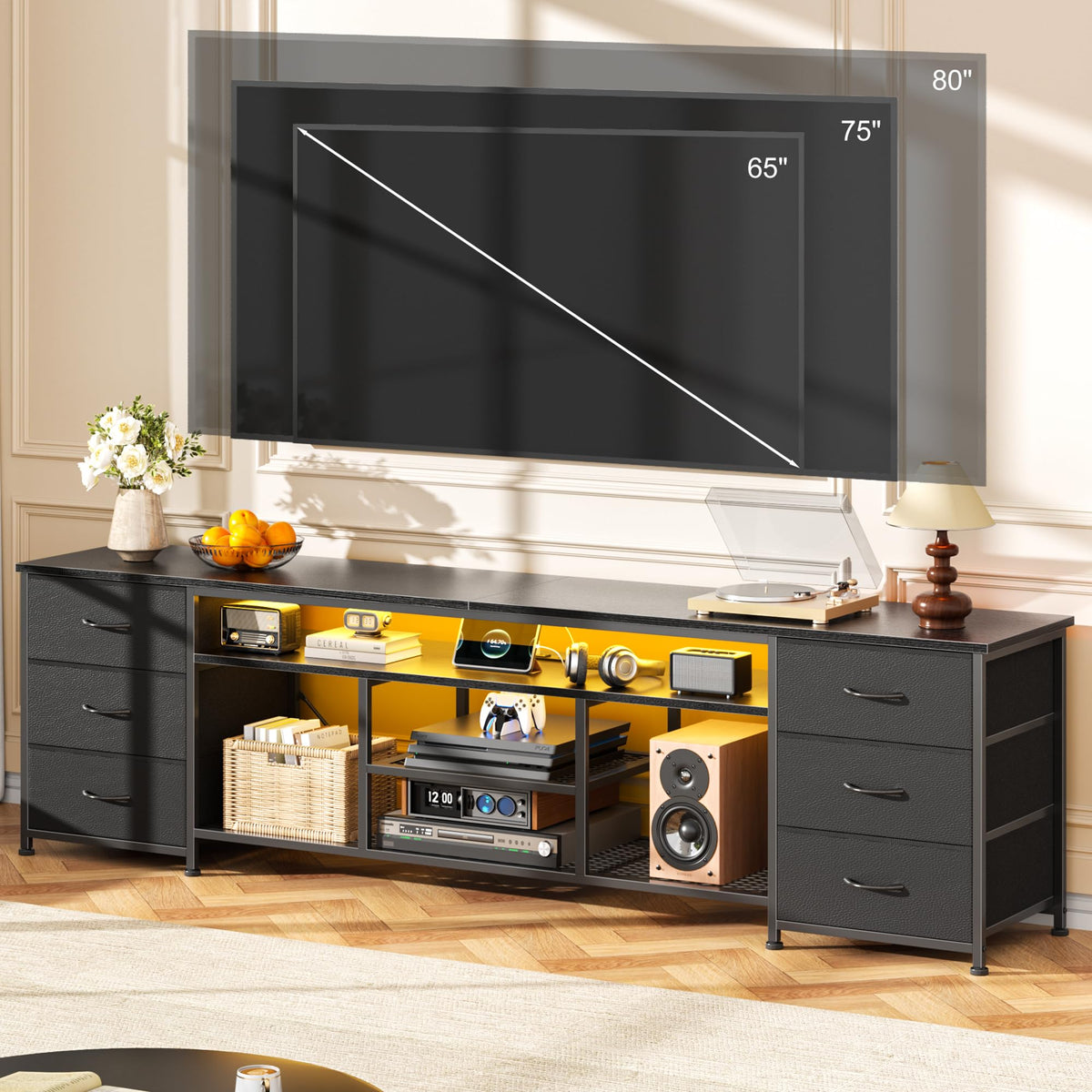 Black Dresser TV Stand with LED Lights & Charging Station X3828