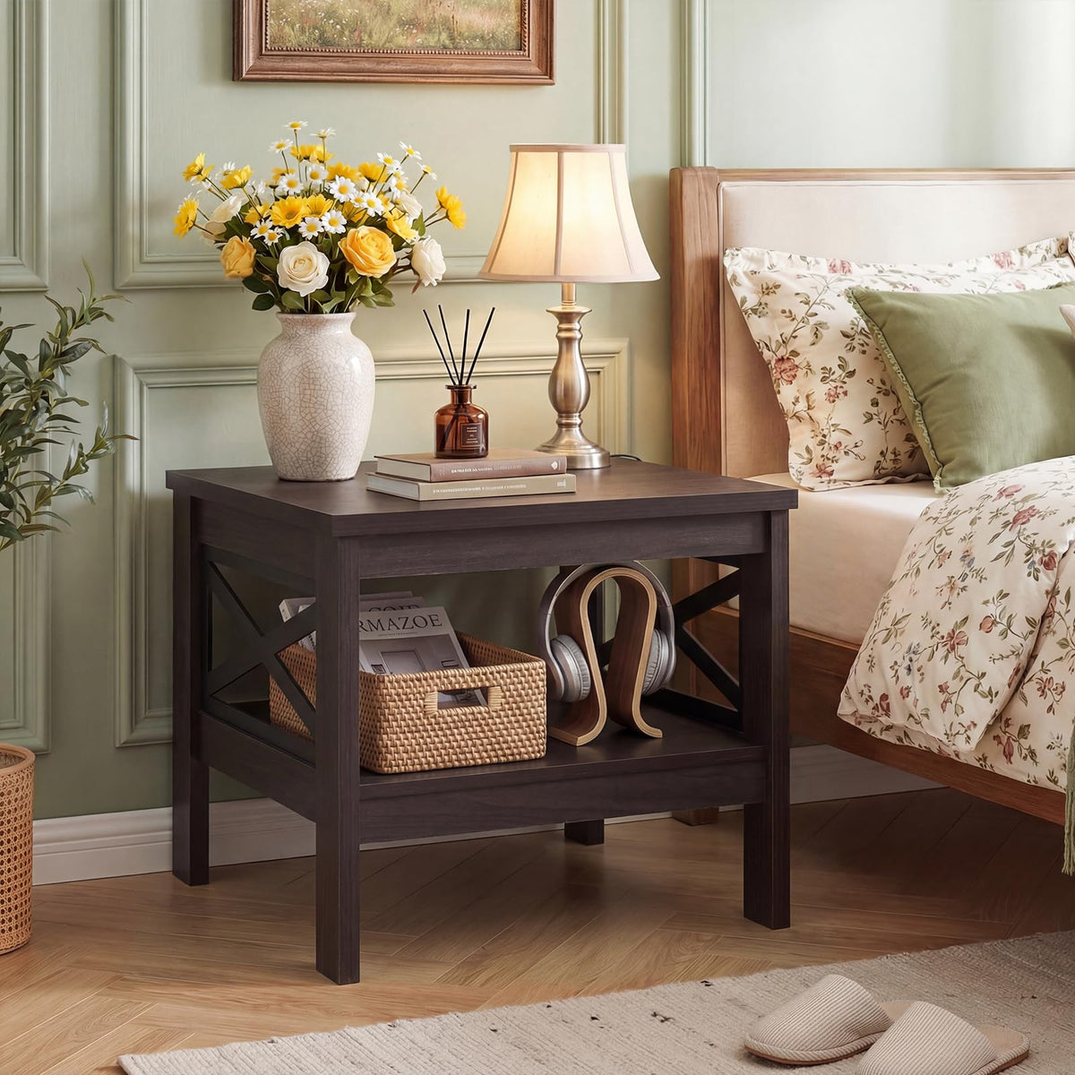 2-Tier Square End Table Set of 2 with Storage Shelf Q427
