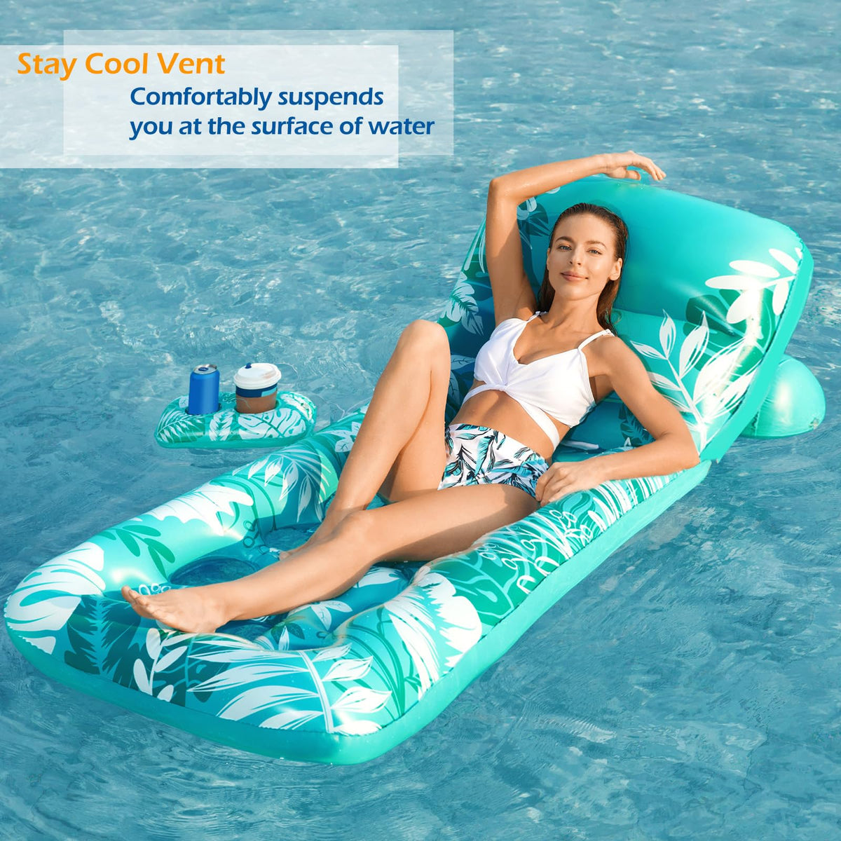 Inflatable Pool Float Lounger with Adjustable Backrest Cup Holders A89698