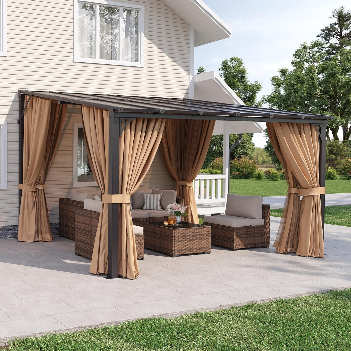 12'x10' Lean to Gazebo with Mosquito Net and Curtains, Brown T877