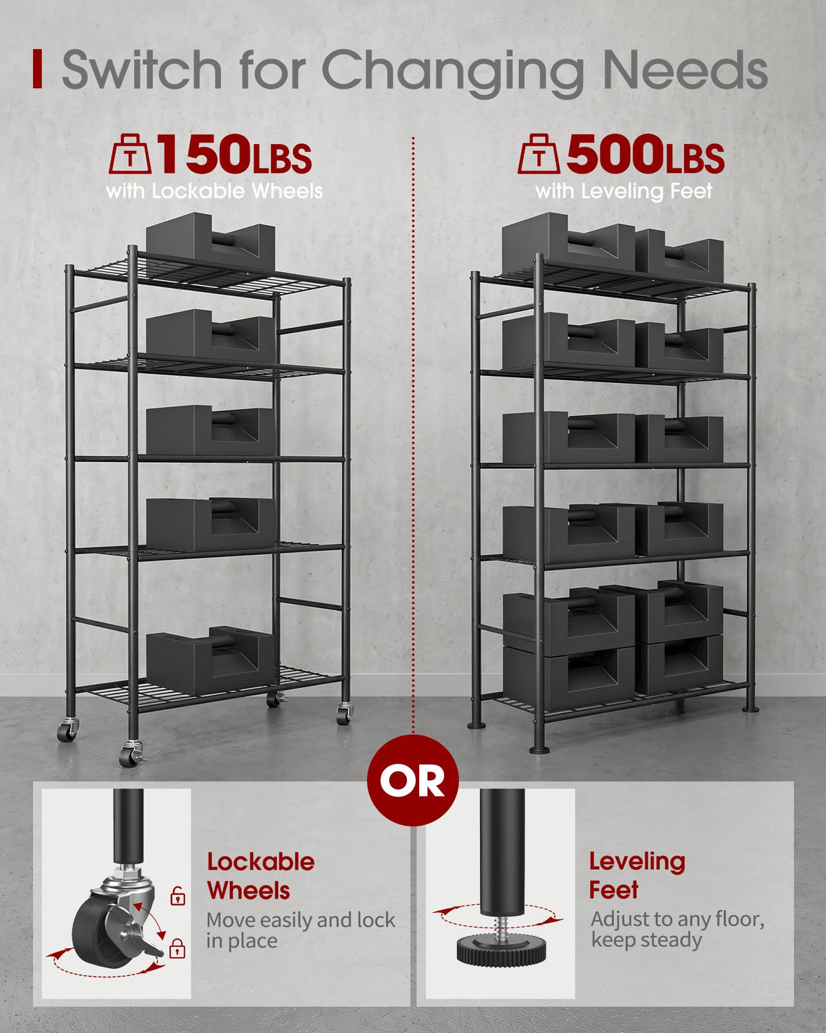 5-Tier Storage Shelves Black with Wheels K31955