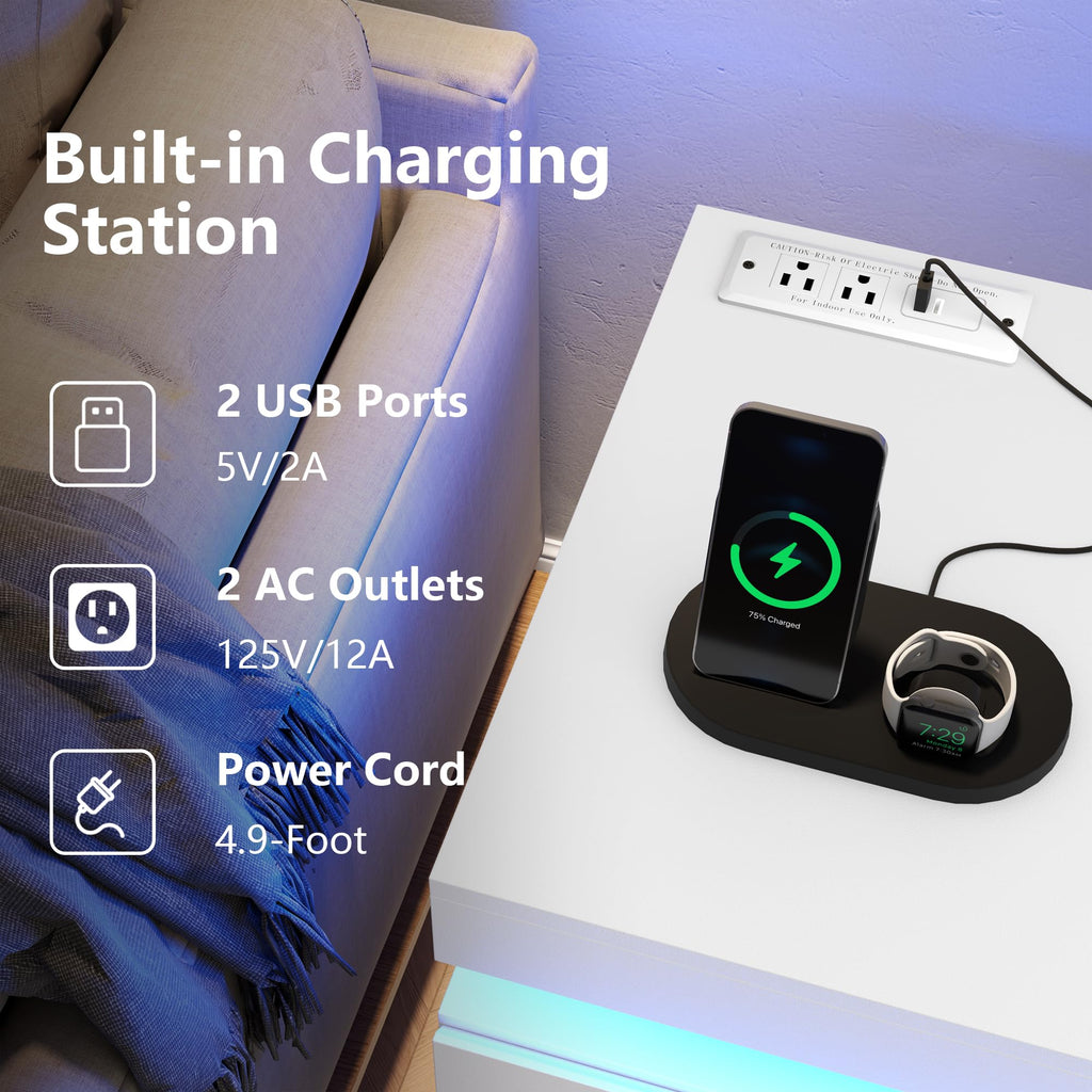 White Nightstand with Charging Station and LED Lights E241
