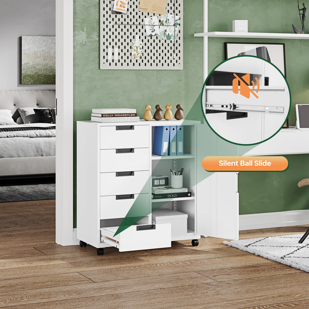 White 5 Drawer Storage Cabinet with Shelves and Door A5859