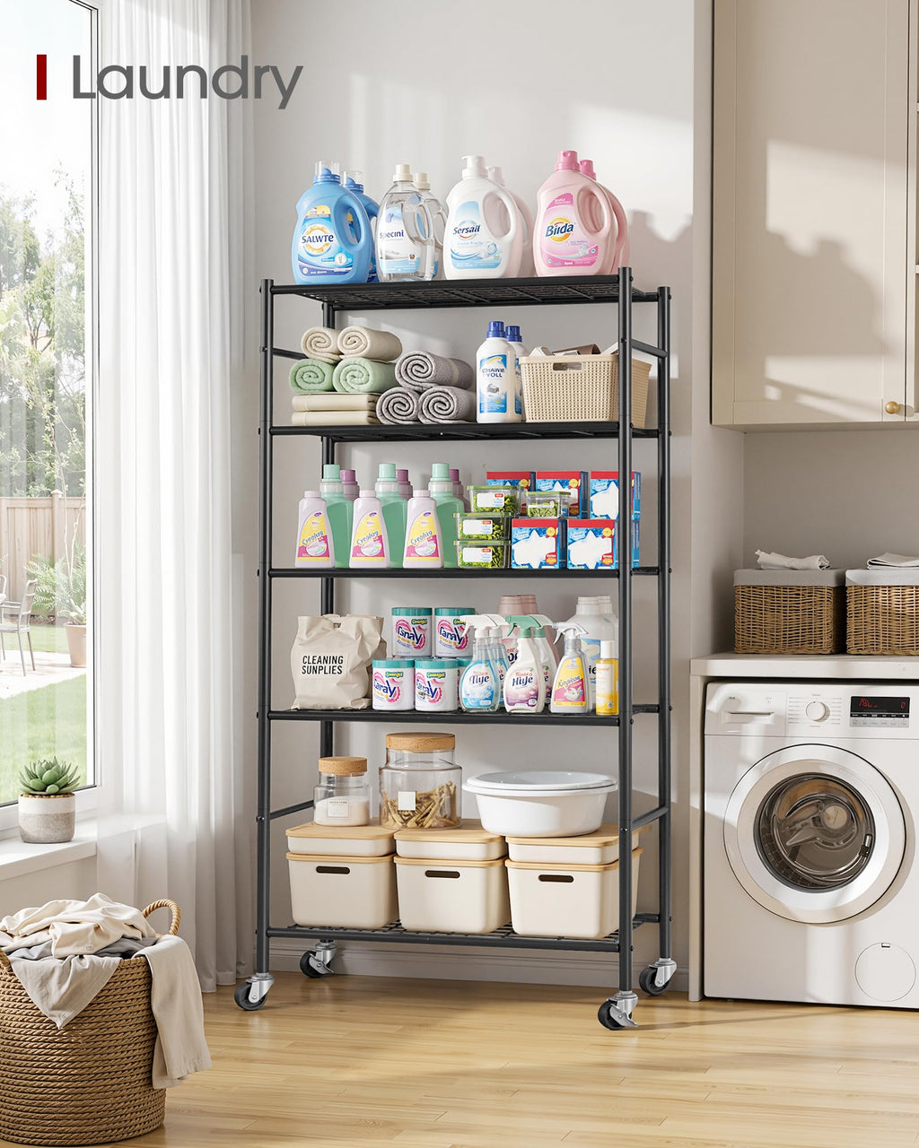 5-Tier Storage Shelves Black with Wheels K31955