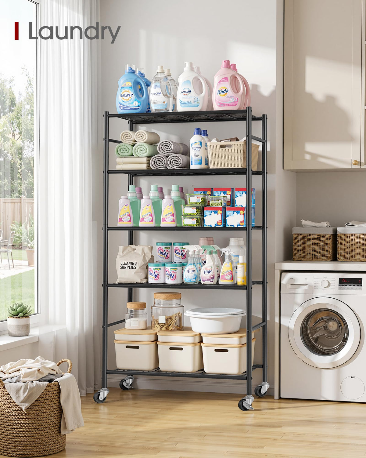 5-Tier Storage Shelves Black with Wheels K31955