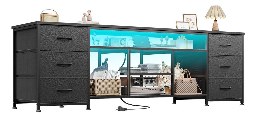 Black Dresser TV Stand with LED Lights & Charging Station X3828
