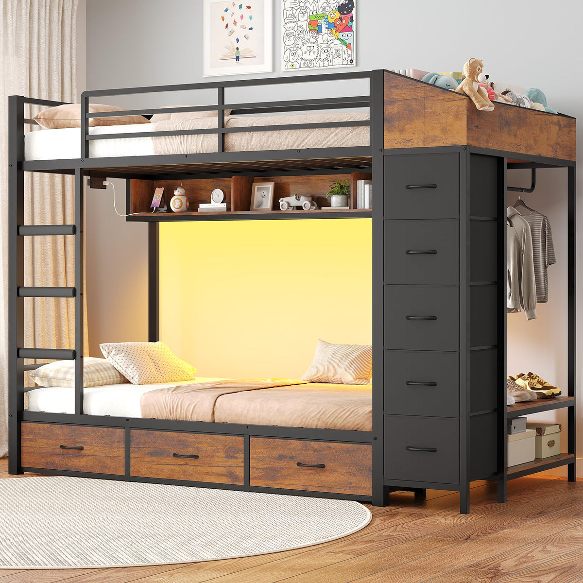 Twin Over Twin Bunk Bed with 8 Storage Drawers and Power Outlets, LED Metal Bunk Bed with Ladder, Black D68473
