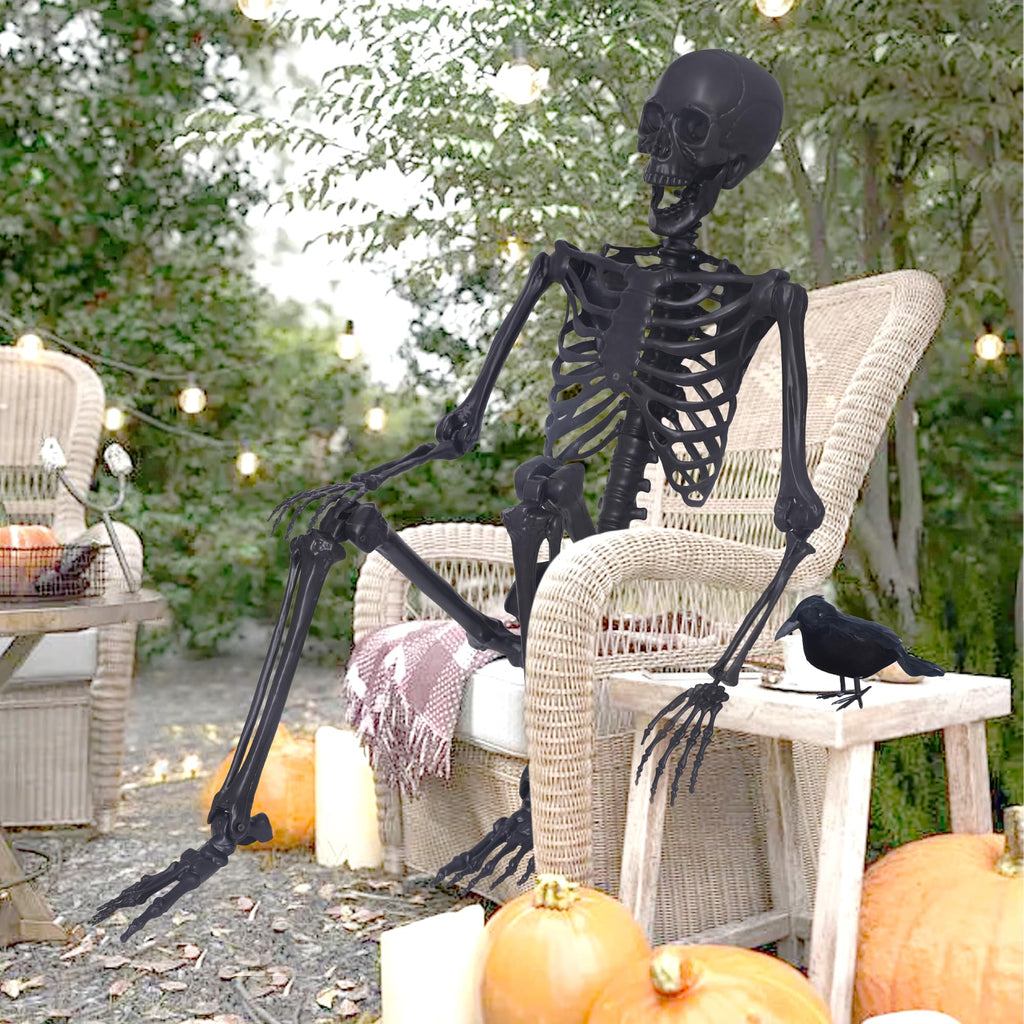 5.4Ft Posable Skeleton with Movable Joints and 2PC Black Feathered Crows D3006