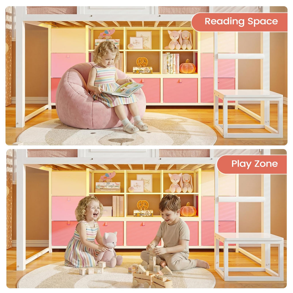 Twin Size Low Loft Bed with 9 Storage Drawers and Guardrail V54234