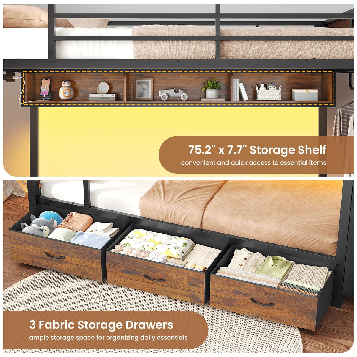 Twin Over Twin Bunk Bed with 8 Storage Drawers and Power Outlets, LED Metal Bunk Bed with Ladder, Black D68473