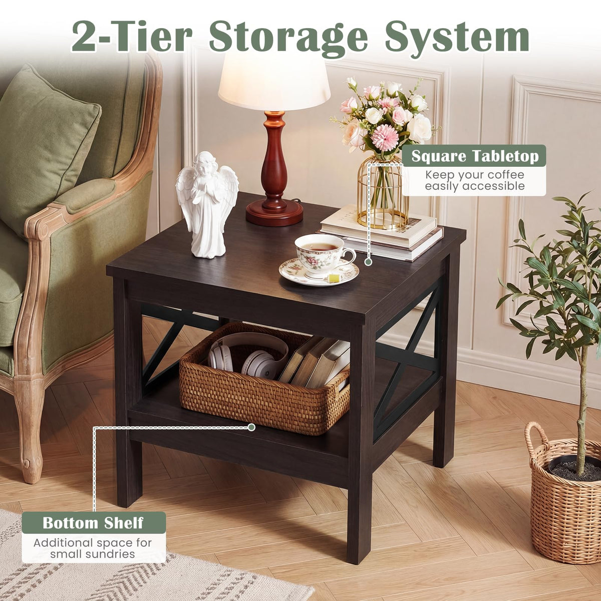 2-Tier Square End Table Set of 2 with Storage Shelf Q427