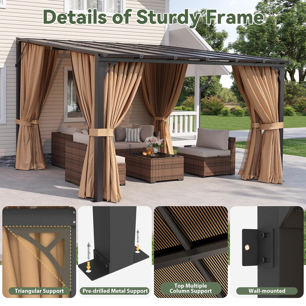12'x10' Lean to Gazebo with Mosquito Net and Curtains, Brown T877