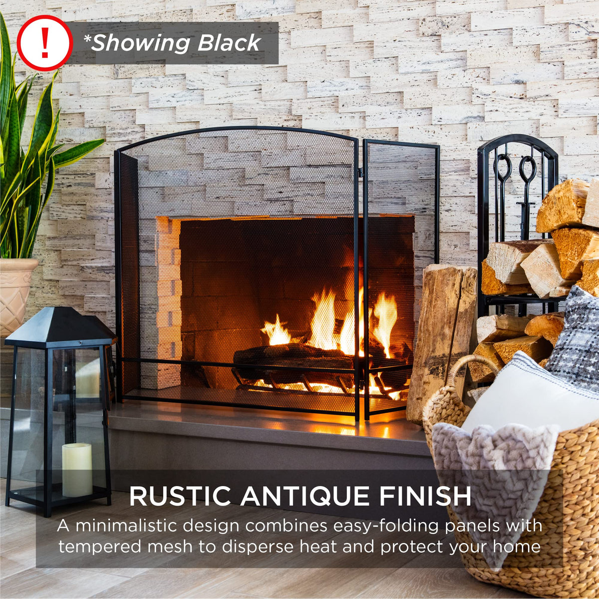 47.5x27.25in 3-Panel Steel Mesh Fireplace Screen S5358