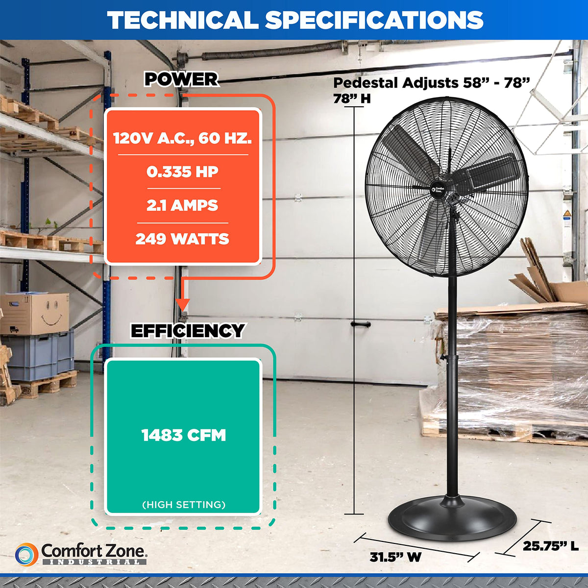 Industrial Pedestal Fan, 30 inch, 3 Speed, Adjustable Height, Metal U471
