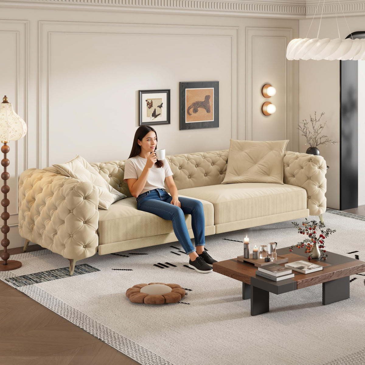 Velvet 3-in-1 Convertible Sleeper Sofa with Movable Ottoman P92958