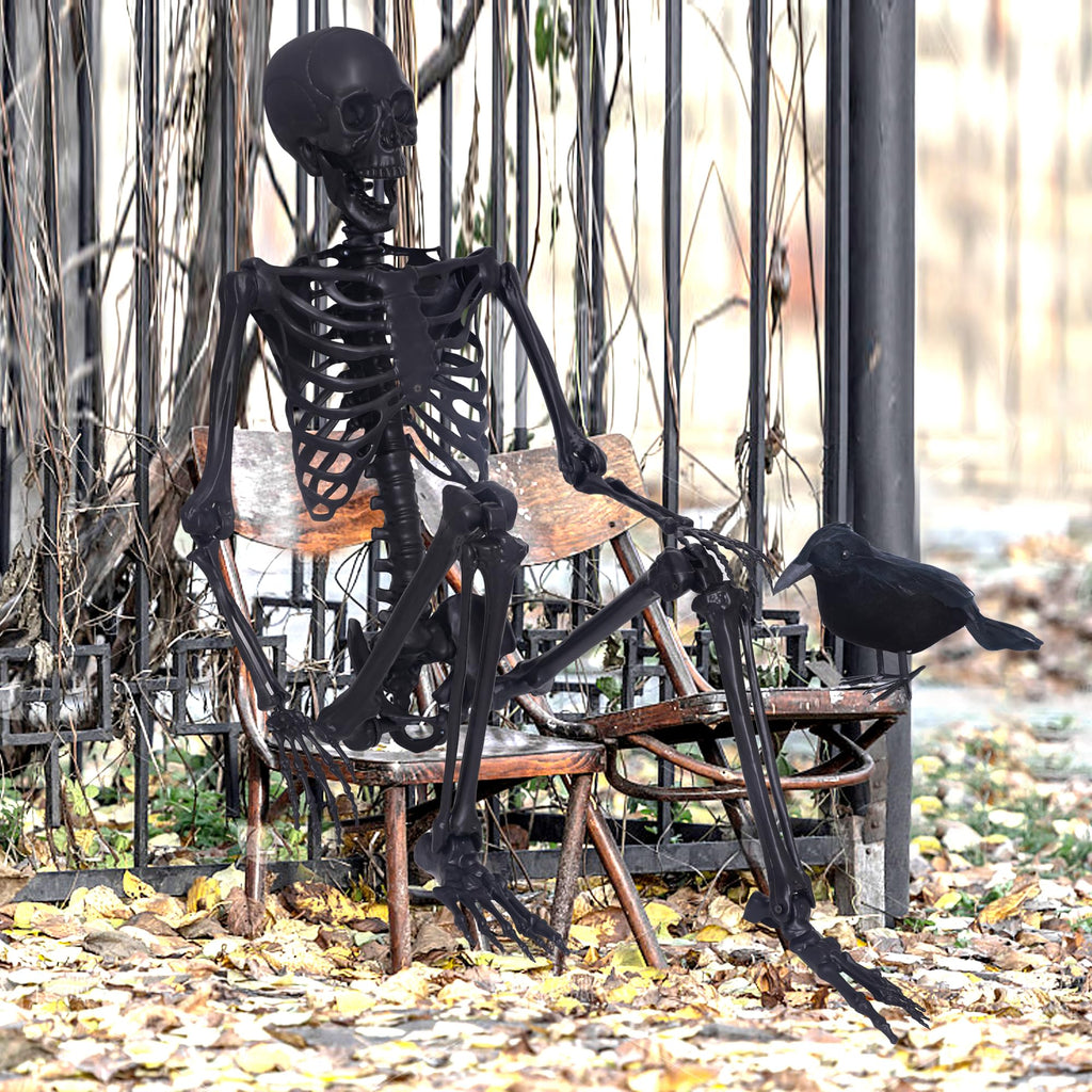 5.4Ft Posable Skeleton with Movable Joints and 2PC Black Feathered Crows D3006