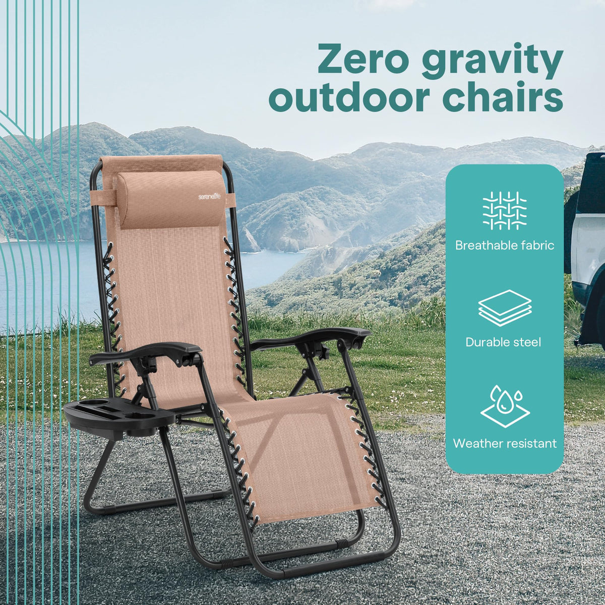 Adjustable Steel Mesh Zero Gravity Chairs Set of 2 with Cup Holder Tray J499