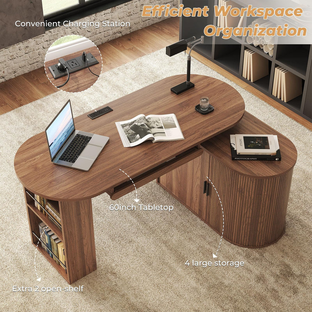 L Shaped Corner Desk with Storage Cabinet Walnut 60 Inch B557933