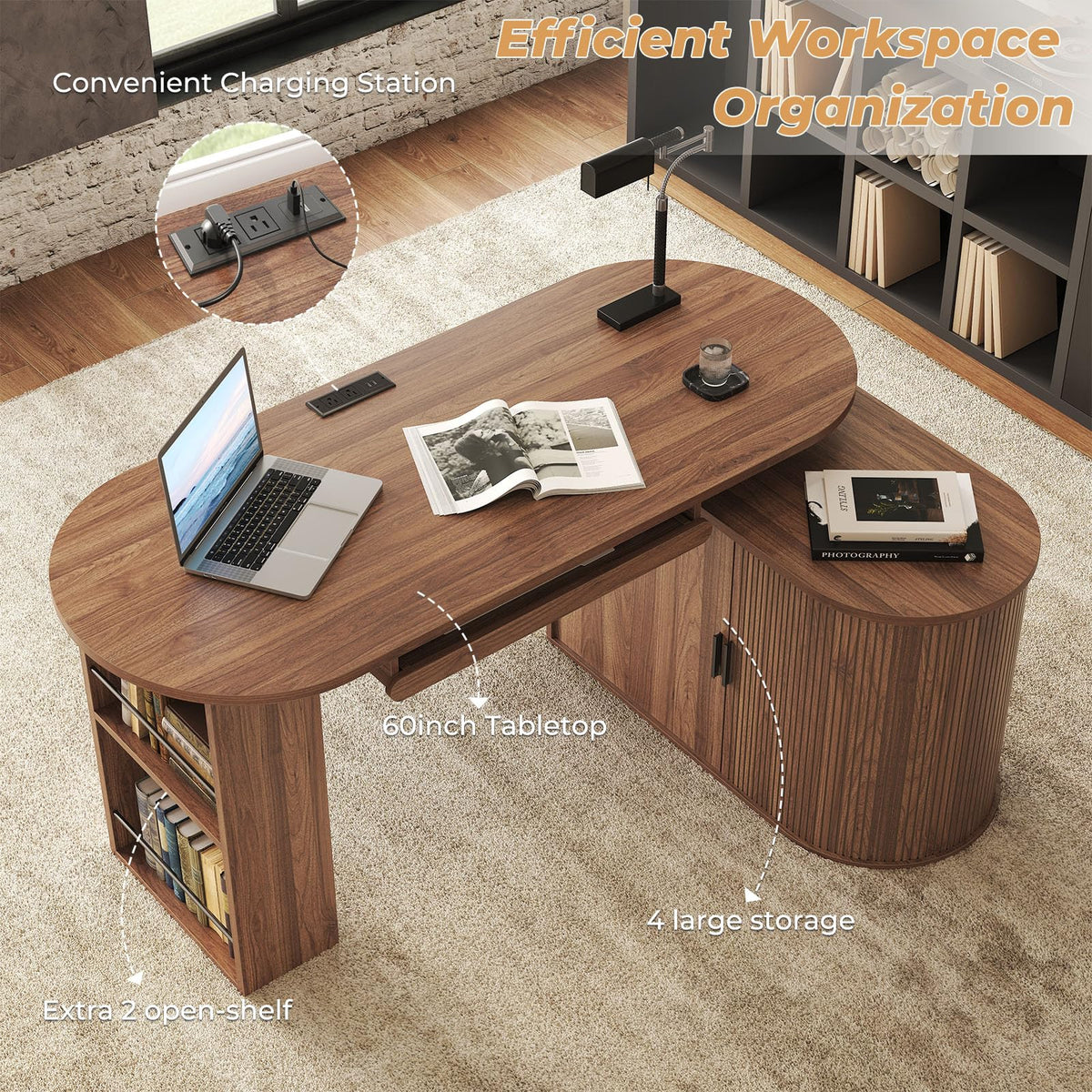 L Shaped Corner Desk with Storage Cabinet Walnut 60 Inch B557933