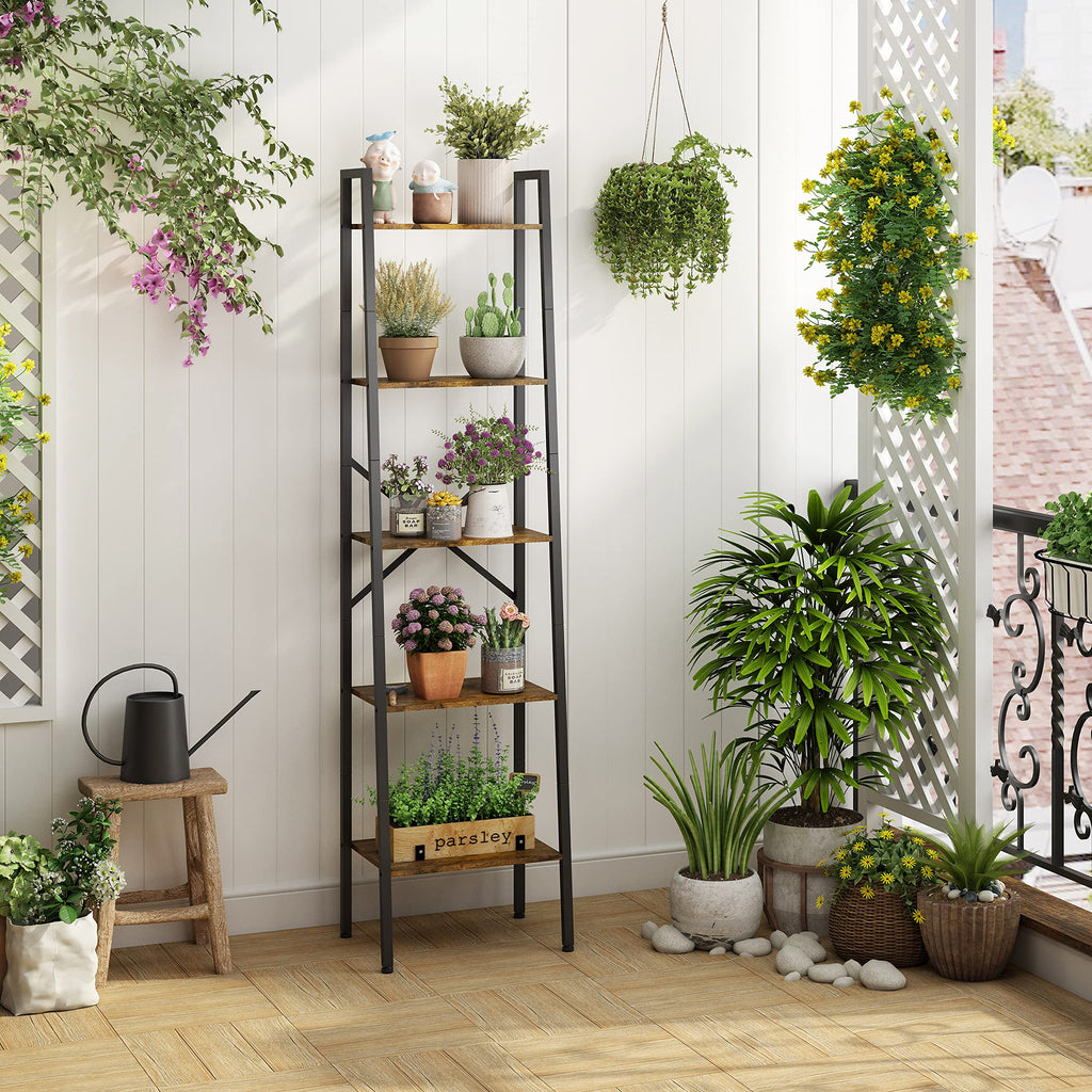 5-Tier Rustic Brown Metal Ladder Bookshelf O961